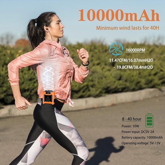 CAZOKASI Personal Fan 10000mAh Waist Clip Portable Rechargeable Wearable Hand Free, 6-40hours Wearable Cooler for Traveling Working Outdoor Office (10000mAh / Orange)