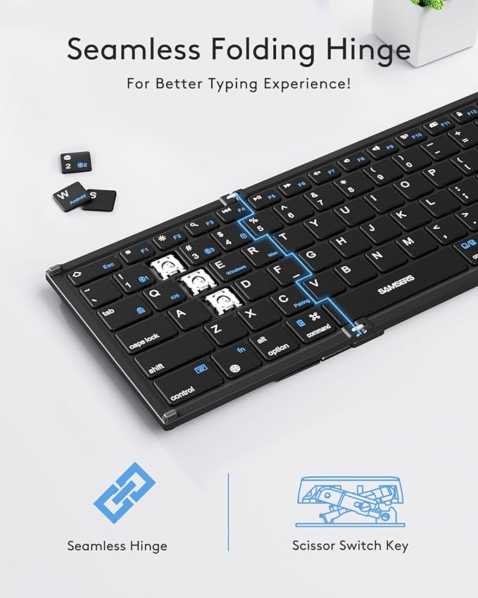 Samsers Foldable Bluetooth Keyboard with Touchpad, Full-Size Wireless Folding Keyboards with Holder, Rechargeable Portable Travel for iOS Windows Android Mac OS, Support 3 Devices (BT5.1 x 3)