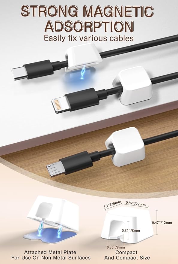 Maveek Magnetic Cable Clips, 5 Pack Square Cord Organizer with Magnets and Metal Plates, Silicone Cable Holders for USB C, HDMI, Ethernet, Charging Cords – Desk, Wall, Office & Car Use (White)