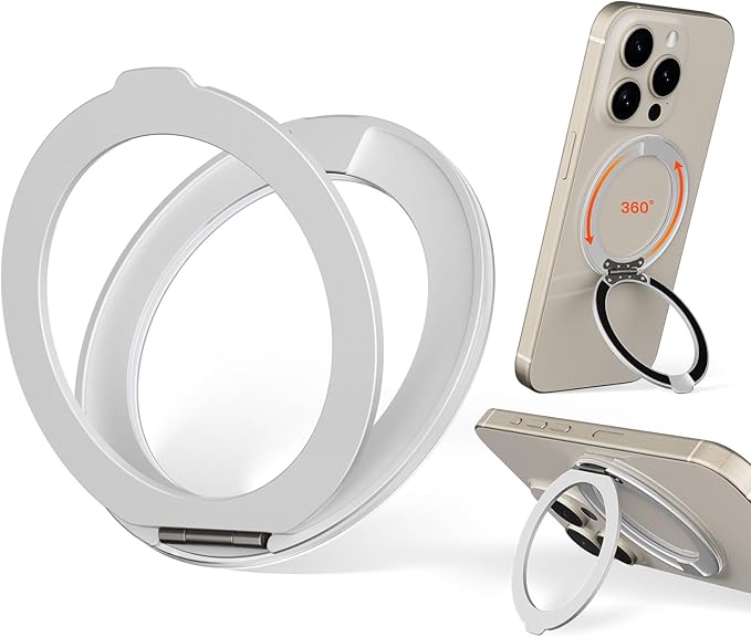 COOLQO Upgraded Magnetic Phone Ring Holder Stand, Super Magnet Cell Phone Grip Finger Kickstand Compatible with MagSafe Mag Safe Accessory for iPhone All Smartphones (1-Silver)