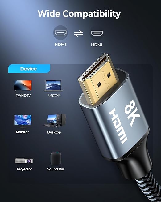 8K HDMI Cable 2 ft, 48Gbps High Speed HDMI 2.1 Cable, Braided HDMI Cable 2.1 8K 60Hz 4K 120Hz Support for HDR eARC HDCP 2.2/2.3, HDMI Cord Compatible with HDTV, Laptop, Monitor, PC