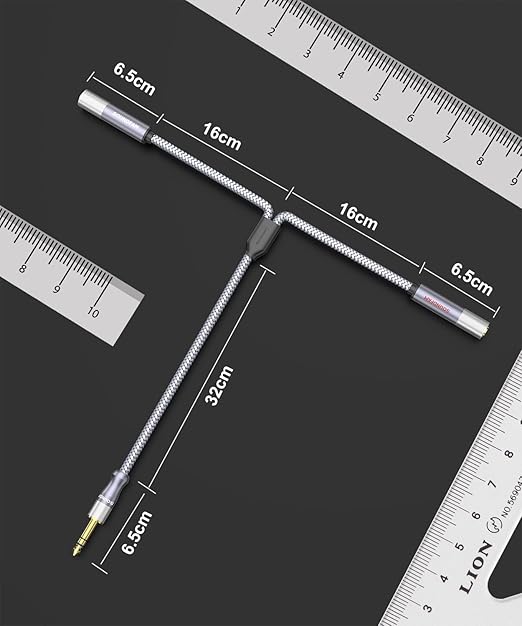 Microphone Splitter 2 Feet/60CM TRS 1/4 inch Splitter 1 Male to 2 Female, 6.35mm Stereo Male Plug to Dual 6.35mm Female-Grey (1PACK)