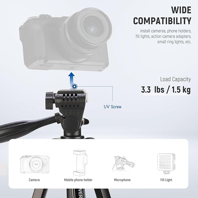 NEEWER Entry Level Version Tripod for Cell Phone & Camera, Metal Lightweight Portable Travel Stand with Cold Shoe Cellphone Holder Mount Compatible with iPhone for Video Recording Filming, TP53
