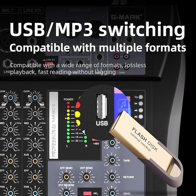 G-MARK MR80S Audio Mixer Interface USB Bluetooth Mixing Console 8 Channel 48V Phantom Power Sound Board Music Reverb For PC Stage DJ Studio Sound Controller Analog Mixer