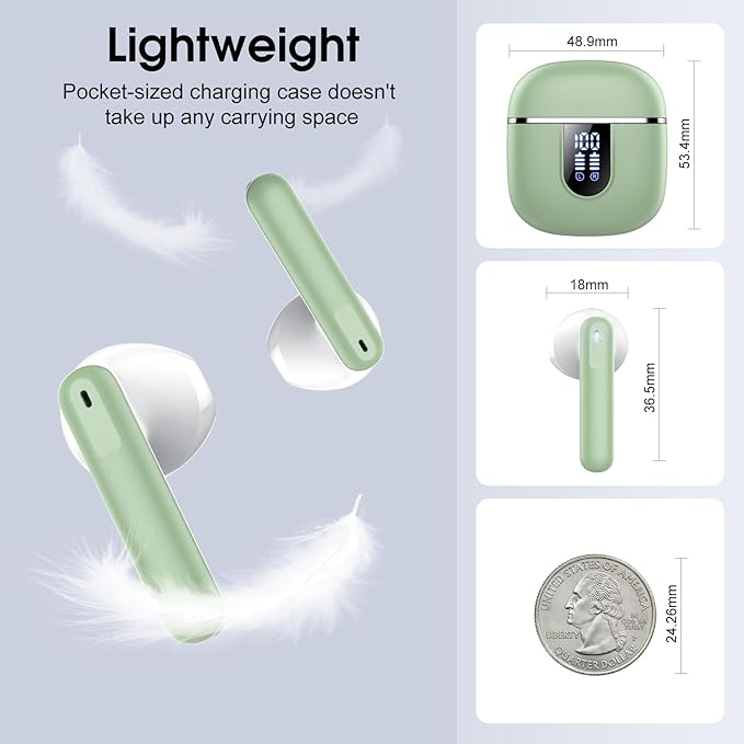 Wireless Earbuds, Bluetooth 5.4 Headphones with 3D Bass Stereo, 40H Ultralight in-Ear Buds, Bluetooth Earbuds with 4 ENC Noise Cancelling Mic, USB-C, IP7 Waterproof Earphones for Android iOS, Green