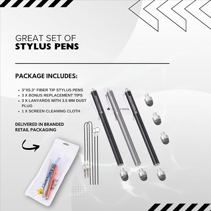 The Friendly Swede Mesh Tip Stylus Pen for Touchscreen — 3-Pack Micro-Knit Capacitive Stylus Pen for iPad & iPhone with 3 Replaceable Fiber Tips, Elastic Lanyards & Screen Cleaning Cloth