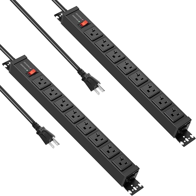 JUNNUJ 20 Amp Power Strip Heavy Duty 2 Pack, 4800J Surge Protector Metal Power Bar Multi Angle Mount, 20A Garage 8 Outlet Shop 6-20R T-Slot, 5-15P Adapter 12 Gauge Extension Cord 10ft for Appliance