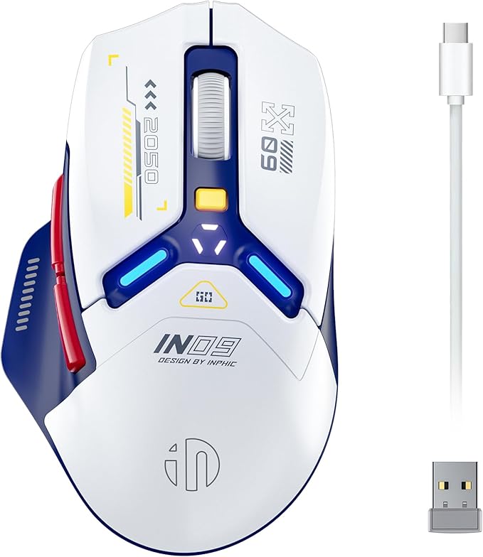 INPHIC IN9 Wireless Gaming Mouse, True Tri-Mode Bluetooth/Type-C Wired/2.4G Wireless Connection, 10000 DPl, Fully Programmable, RGB Backlit, for Laptop PC Mac