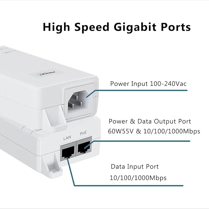 Gigabit PoE++ Injector 60W IEEE802.3bt/at/af Compliant, Supplies 15.4W or 30W or 60W Power Over Ethernet Distances Up to 328ft, PoE Injector Adapter for Camera/Access Point, EN60GB