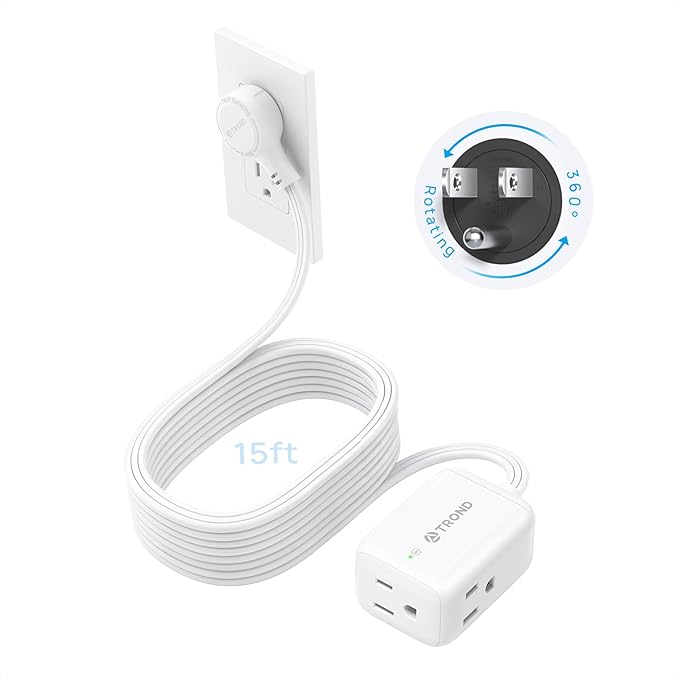 TROND 360° Rotating Flat Plug Extension Cord Surge Protector 15ft, Small Power Strip with 900 Joules, 3 Side Grounded Outlets, 13A, SPT 16/3 Gauge Wire, for Indoor Home Office Dorm Essentials, White