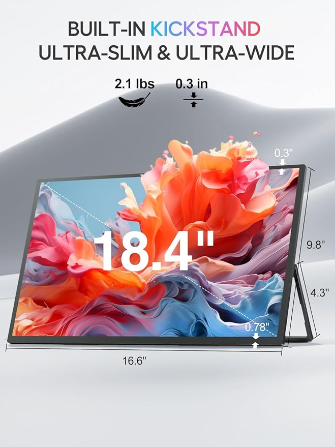 UPERFECT Portable Monitor 18.4-inch 4K 60HZ 10 Bit w/VESA & Stand 180° Adjustable Ultra-Slim & Lightweight Frameless FHD FreeSync IPS HDR Gaming Display, Travel Second Monitor for Laptop