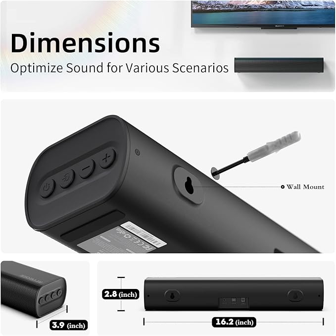 Sound Bars for TV 16-inch, Cinematic TV Sound Bar with Impactful Bass, Bluetooth Soundbar for TV with Remote Control, Wall Mountable TV Speakers Sound Bar Work with Traditional or Smart TV