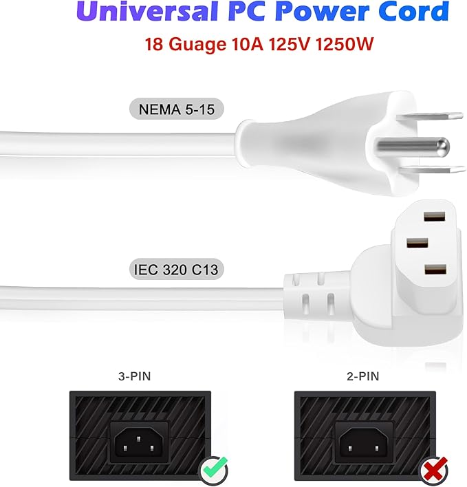 Adoreen 20 Ft Computer TV Replacement Power Cord White, 90 Degree Angled L-Shaped 18AWG 3-Prong AC Universal Power Supply Cable NEMA 5-15P to IEC 320 C13 for Printer, PC, Monitor TV LCD, ETL+Ties