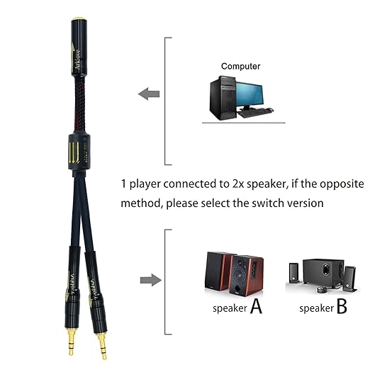 Arklove 3ft Shielded 1/8" aux Input 3.5mm Female 2X 3.5 Output Splitter Stereo Video Audio Cable Out 3.5 Male to Two 3.5 Male in Dual Speaker Cord 24k Gold Plated