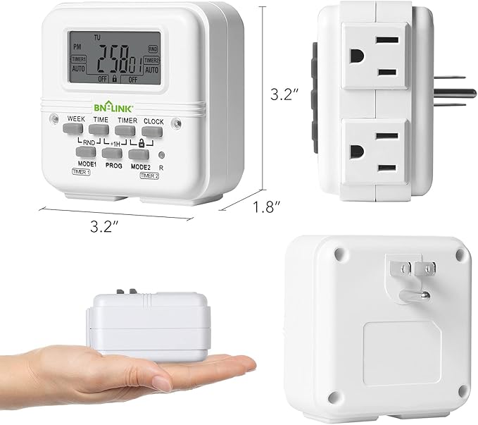 BN-LINK Digital Timer Outlet 7 Day Programmable Digital Outlet Timer with 2 Independent Outlets 3-Prong Mini Indoor Easy Set Stackable Plug-in for Lights Lamps Fans Accurate 8A/1000W 1/3HP
