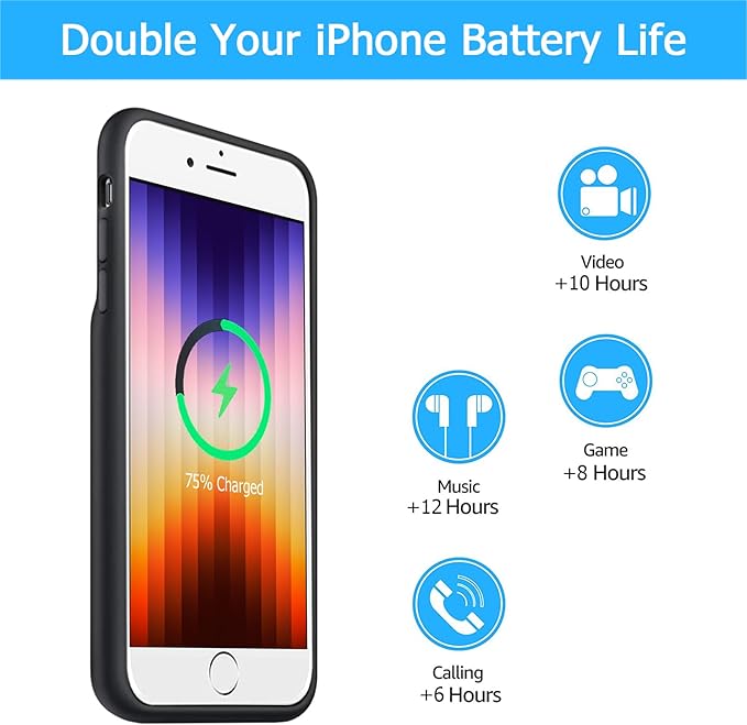 Battery Case for iPhone 7/8/6s/6/SE 2020/SE 3, [10000mAh] Rechargeable Smart Extended Charging Case Compatible with iPhone SE 3/6/6s/7/8/SE 2020 (4.7 inch) Backup Power Battery Pack Charger Case-Black