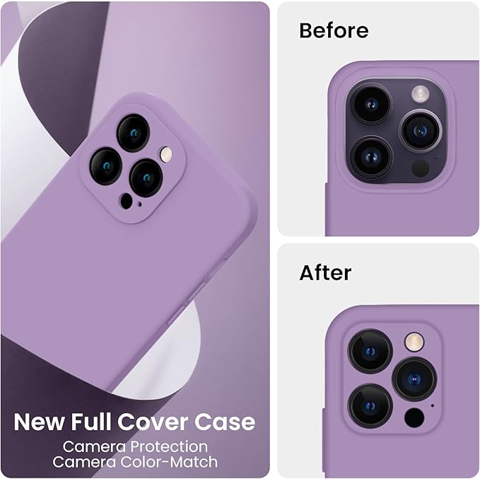 FireNova for iPhone 14 Pro Case, Silicone Upgraded [Camera Protection] Phone Case with [2 Screen Protectors], Soft Anti-Scratch Microfiber Lining Inside, 6.1 inch, Light Purple