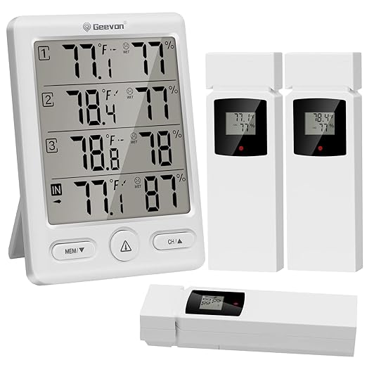 Geevon Indoor Outdoor Thermometer Wireless with 3 Remote Sensors, Digital Hygrometer Indoor Thermometer, Temperature Humidity Monitor Gauge with 200FT/60M Range (White)