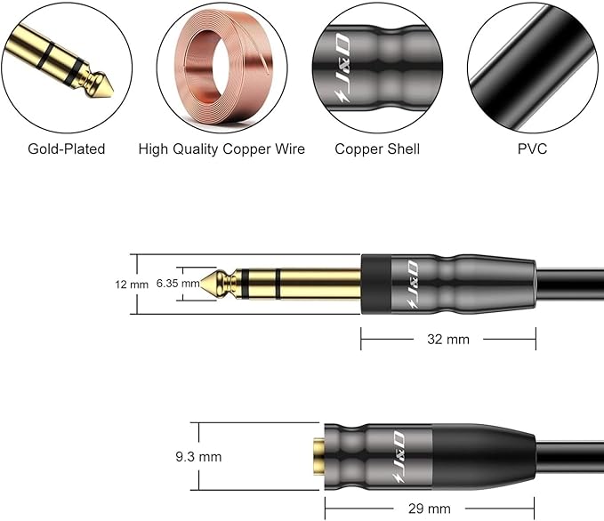 J&D 1/4 inch to 3.5mm Headphone Adapter, Heavy Duty Copper Shell Connecter Joint 3.5mm 1/8 inch Female TRS to 6.35mm Male TRS Stereo Audio Extension Cable (1 Feet)