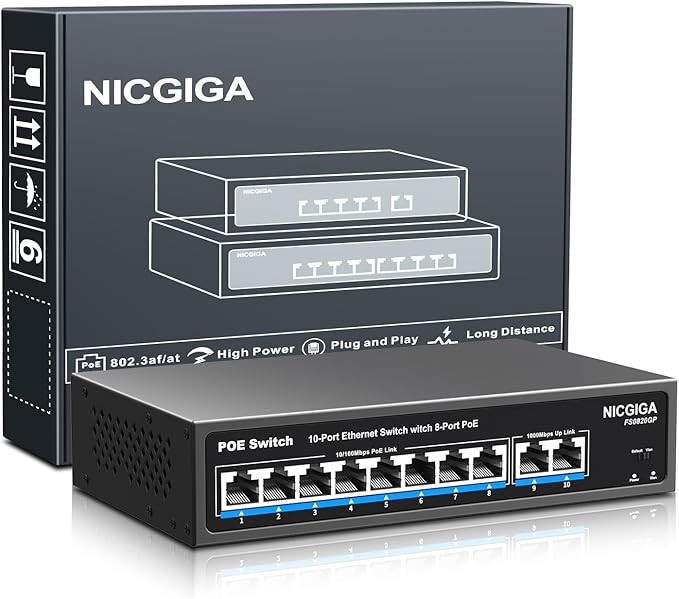 8 Port PoE Switch with 8 Ports 100Mbps PoE+@120W + 2 * Gigabit Uplink Port, NICGIGA 10 Port 802.3af/at Power Over Ethernet Network Switch Unmanaged, VLAN and 250m Extender Mode, Fanless.
