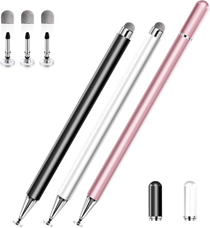 Stylus Pens for Touch Screens, 2 in 1 High Precision Universal Stylus Pen for iPad Compatible with Apple, iPhone, iPad, Android, Samsung Tablets, Phones, 3 Pack-Black,Gold,White
