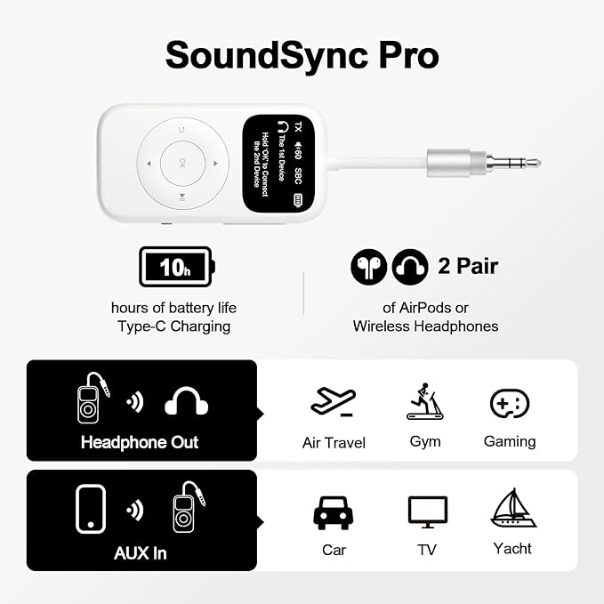 SoundSync Pro Bluetooth Transmitter & Receiver for Airplane, Easy Setup Bluetooth Audio Transceiver for 2 BT Devices, Volume Control, RCA for TV
