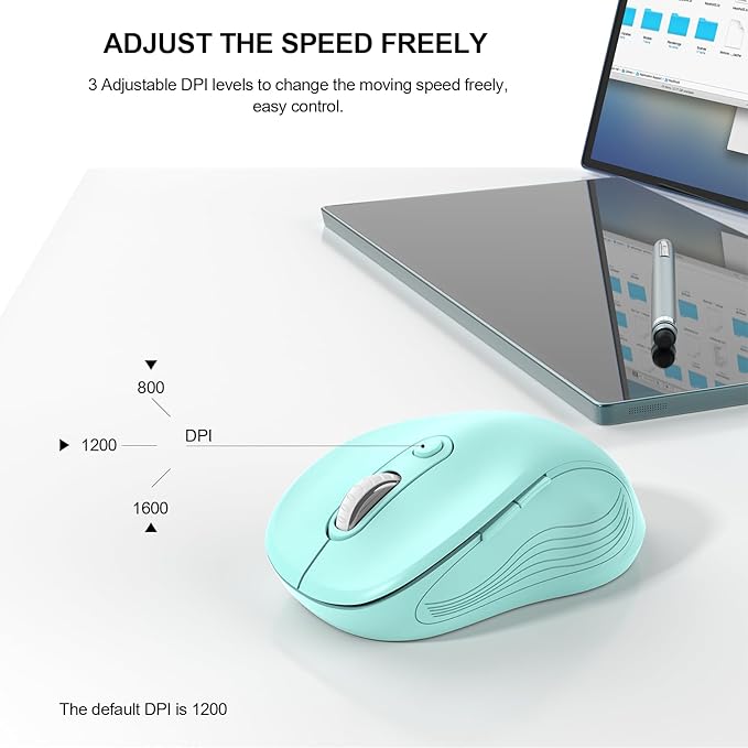 WisFox 2.4G Wireless Mouse for Laptop, Ergonomic Computer Mouse with USB Receiver and Type-C Adapter, 3 Adjustable Levels DPI, 6 Button Cordless Wireless Mice (Mint Green)