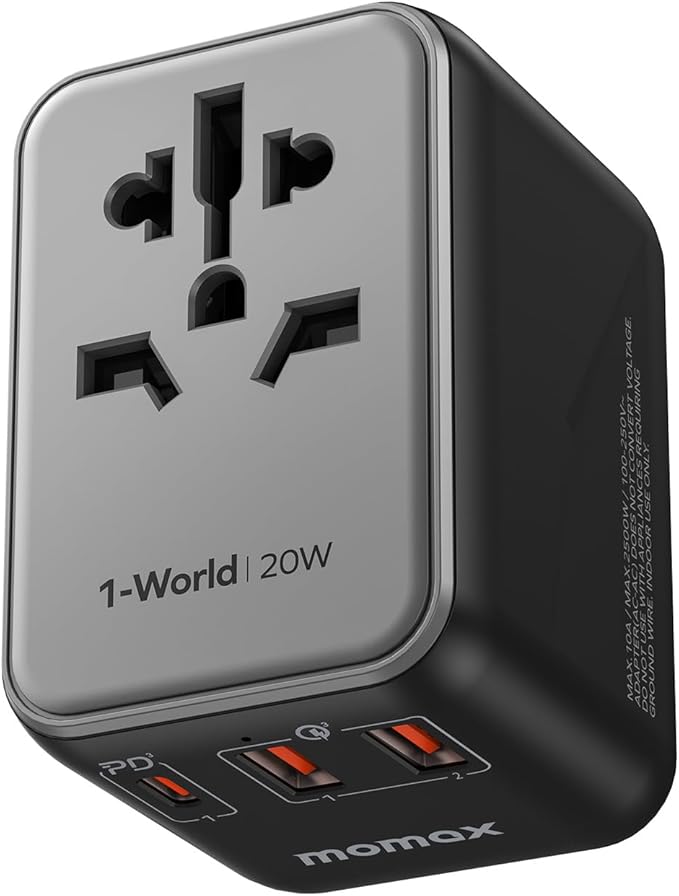MOMAX Universal Travel Adapter, 20W+18W International Plug Adapter with 2 USB-A Quick Charging & 1 USB C PD Fast Charging,1 AC, All-in-one Wall Charger for USA EU UK AUS JP (Type C/A/G/I)