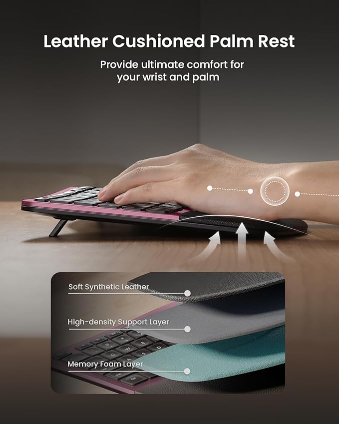 ProtoArc Ergonomic Wireless Keyboard Mouse, EKM01 Plus Full Size Ergo Bluetooth Keyboard Mouse Combo, Split Design, Wrist Rest, Multi-Device, Rechargeable, for Windows/Mac OS - Wine Red