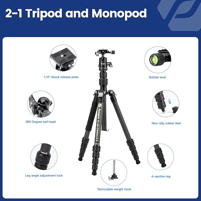 Fotopro 59" Carbon Fiber Travel Tripod, Lightweight Compact Camera Tripod with Ball Head Quick Release Plate, Compact Detachable Monopod with Carry Bag, Load up to 8KG/17.63lbs