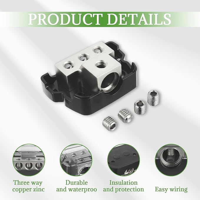 BOJACK 3 Way Power Distribution Connecting Block 1x0/2/4 Gauge Input 3x4/8 Gauge Output Power Distribution Block for Car Amplifier Audio Splitter