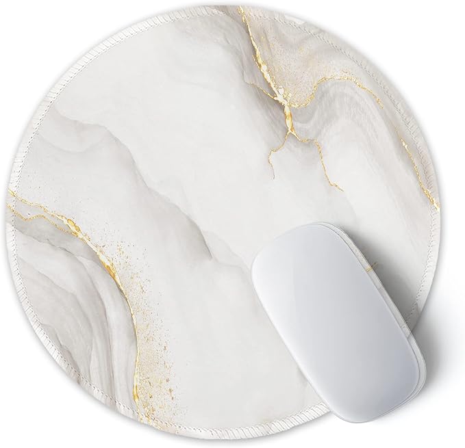 ITNRSIIET Round Mouse Pad with Stitched Edge Premium-Textured Waterproof Non-Slip Rubber Base Desktop Protection Mat Diameter 8.7 inches, White marbling