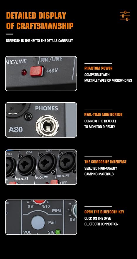 A-Series Professional Mixer for Recording DJ Stage Karaoke Music Application w/ 99 DSP Effect USB Drive for Computer Recording Input, XLR Microphone Jack, 48V Power for Professional (8-Channel)