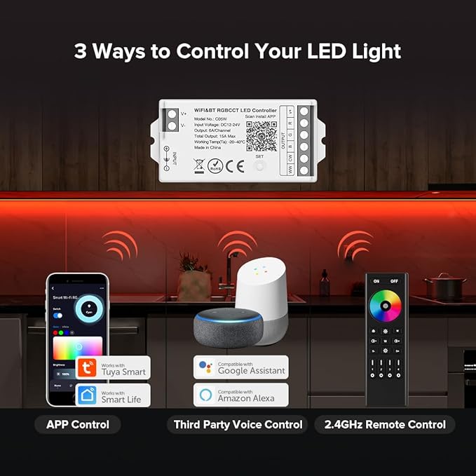 BTF-LIGHTING C05W RGBCCT PWM SMD FCOB (+ R G B C W) 6PIN LED Strip 2.4GHz Tuya WiFi Group Controller Alexa Google Home Control Match with WR01RF RC03RFB RC04RFB RC05RFB Remote