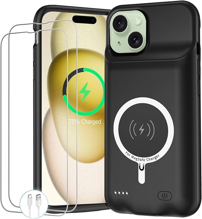 Battery Case for iPhone 15, Upgraded 10000mAh Portable Protective Charging Case with Wireless Charging Compatible with iPhone 15 (6.1 inch) Rechargeable Battery Pack Charger Cover with Carplay (Black)