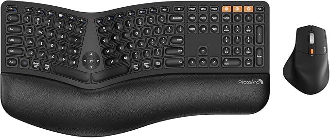ProtoArc Ergonomic Wireless Keyboard Mouse, EKM01 Plus Full Size Ergo Bluetooth Keyboard Mouse Combo, Split Design, Wrist Rest, Multi-Device, Rechargeable, for Windows/Mac OS - Black