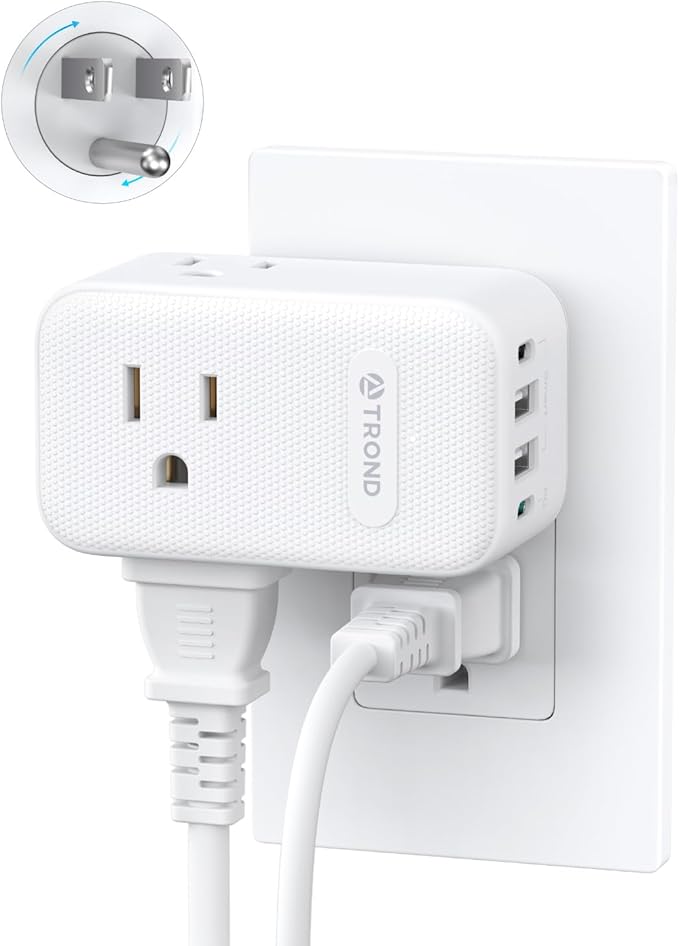 TROND Outlet Extender with 360 Rotating Plug, 3 AC Outlet Splitter with PD 20W USB C Charger, USB Wall Plug Adapter, A Small Charging Station for Kitchen Bathroom Cruise Ship Travel Essentials