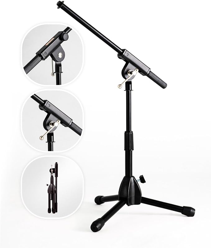 Stage Rocker Foldable Tripod Low-Profile Mic Boom Stand - Height Extending from 9.6'' to 16.9'', w/Adjustable Telescoping Arm Up to 9'', Lightweight/Convenient, Black, Powered by Hamilton(SR610121B)