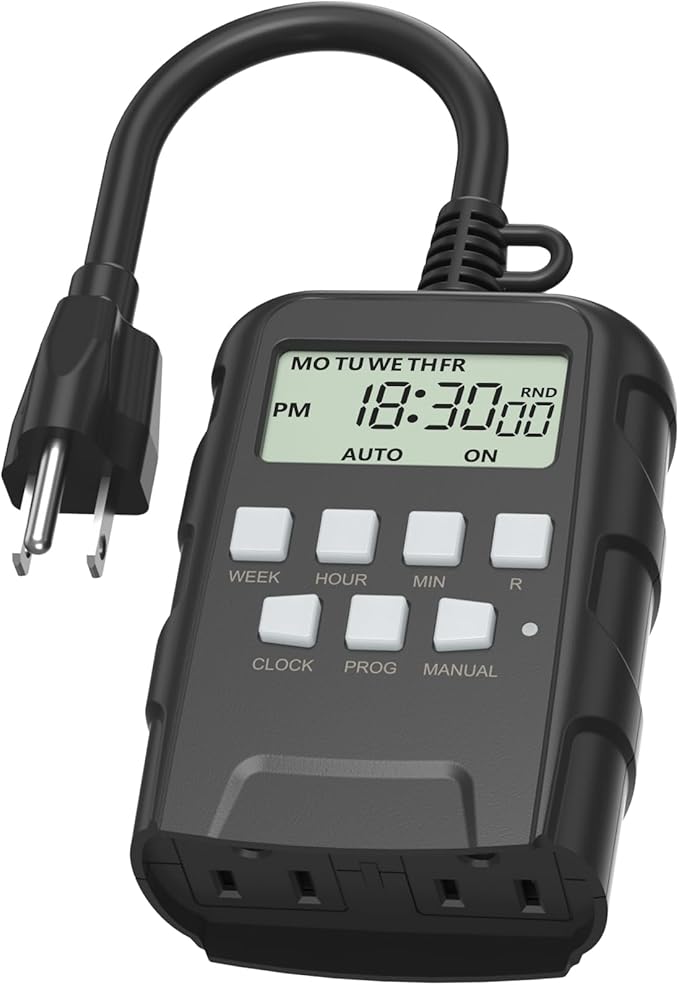 BN-LINK 7 Day Outdoor Heavy Duty Digital Programmable Timer, 125VAC, 60Hz, Dual Outlet, Weatherproof, Heavy Duty, Accurate for Lamps Ponds Christmas Lights 1875W 1/2HP ETL Listed