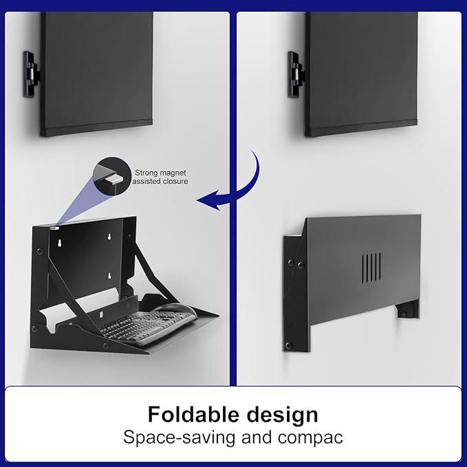 1 Pcs 24 Inch Keyboard Wall Mount Foldable Fits Standard Computer Keyboard Mouse Stand Tray Organizer for Small Offices Apartments, Easy Installation with 4 Screws (Black)