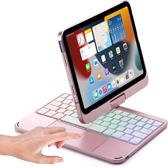 Keyboard case for iPad Mini 7 A17 Pro/Mini 6 Rotating,Touchpad Keyboard Case for iPad Mini 7th/6th Generation 8.3-inch with Trackpad Backlight Rotatable, Rose Gold