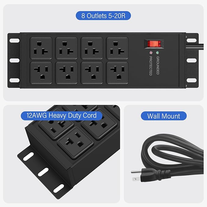 CCCEI Black Heavy Duty Power Strip Surge Protector 20 AMP, 8 Outlets 12 Gauge Industrial Shop Garage Metal Multiple Outlets, 25 FT Extension Cord 5-15P Adapter High Amp 6-20R T-Slot 20a for Appliance