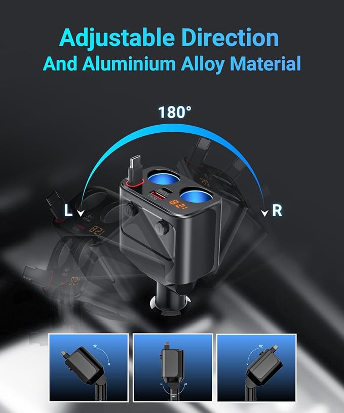 180W Retractable Car Charger Cigarette Lighter Splitter, 5 in 1 USB Fast Car Phone Charger with Retractable Cable 2 USB Ports, 2 Cigarette Lighter Socket with Separate Switch LED Voltmeter