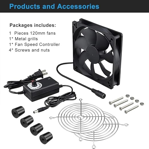 Wathai 120mm x 25mm AC Powered Computer Fan with AC Plug 110V 120V 220V 240V Variable Speed Controller 3V to 12V, for Biltong Box Greenhouse Receiver Amplifier Xbox DVR PlayStation Component Cooling