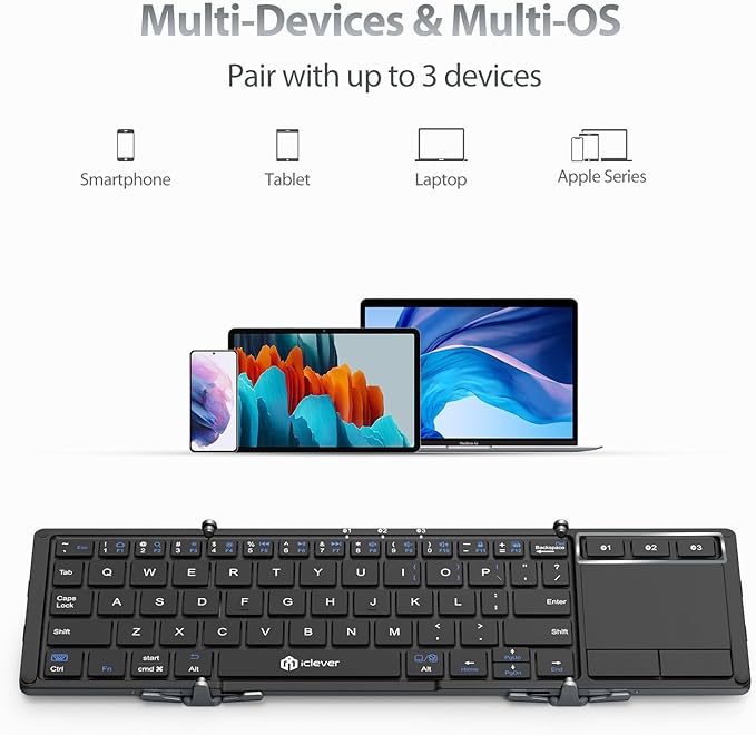iClever Foldable Keyboard, BK08 Bluetooth Keyboard with Sensitive Touchpad (Sync Up to 3 Devices), Tri-Folding Pocket-Sized for Windows Mac Android iOS