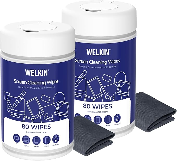 WELKIN 80 * 2 Electronics Cleaning Wipes - Non Toxic Screen Cleaner, Streak Free Touchscreen Cleaning for All Phones, Laptop, Computer, TV and Car，2 X Microfiber Cloth Included