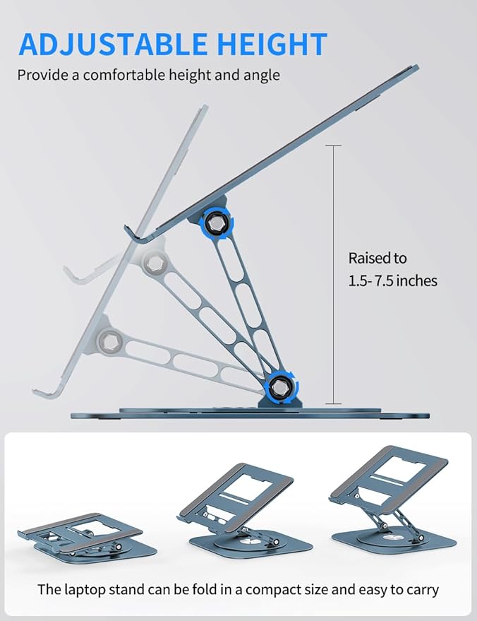 Adjustable Laptop Stand with 360 Rotating Base, Computer Stand for Laptop Ergonimic Foldable Laptop Riser for Desk Compatible with MacBook Pro/Air Notebook up to 16 Inches, Navy