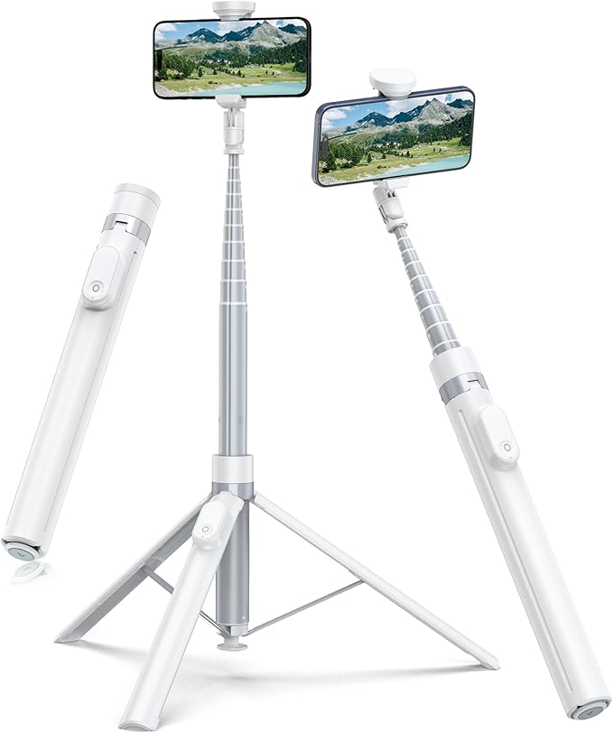 TONEOF 66" Automatic Phone Tripod with Magnetic Rechargable Remote,Selfie Stick 360° Vertical & Horizontal Rotatable,Stable for iPhone/Android((White)
