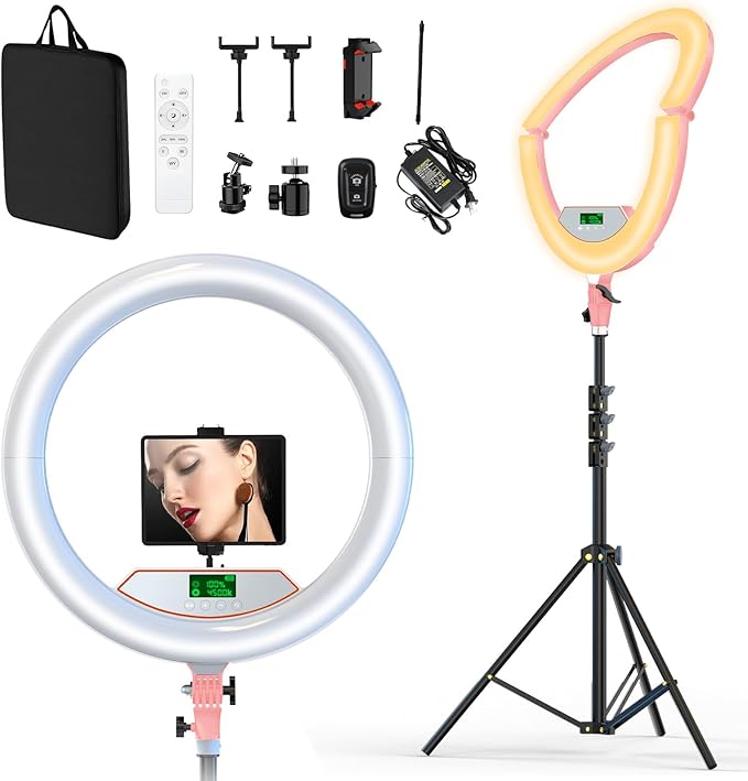 22" Large Ring Light with Stand,Foldable LED Big Ring Light Tripod for iPhone Phone Ipad, 75" Tall Tripod Touch Screen,Wireless Remote for Live Stream,YouTube,TikTok Video Shooting Pink