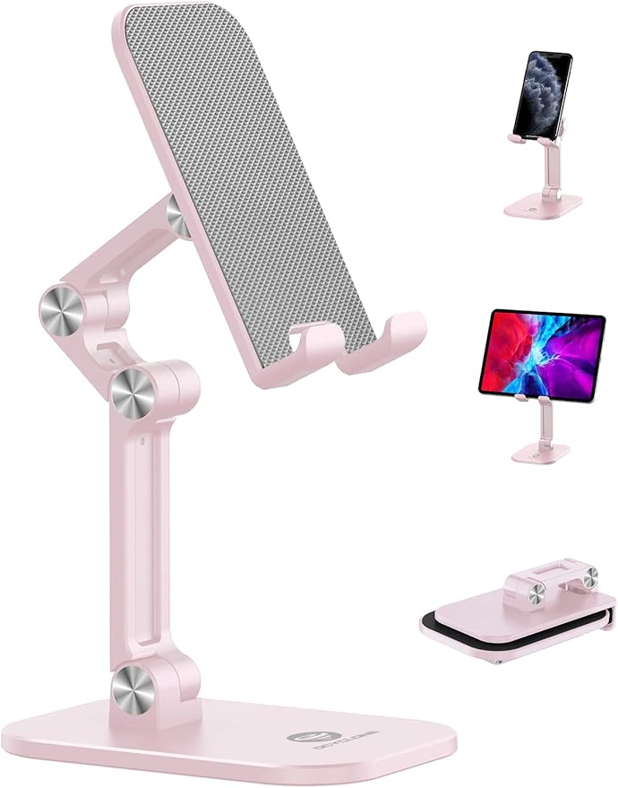 OCYCLONE Phone Stand, Adjustable Height and Angle Foldable Cell Phone Stand Holder for Desk, Taller iPhone Stand Compatible with 4.7"-13" Smartphones iPad Tablet, Pink